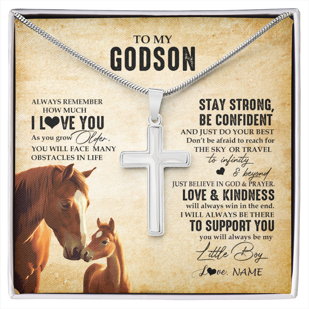 Stainless Cross Necklace Stainless Steel | 1 | Personalized To My Godson Necklace From Godmother Uncle Always Remember I Love You Horse Godson Birthday Graduation Christmas Customized Gift Box Message Card | siriusteestore