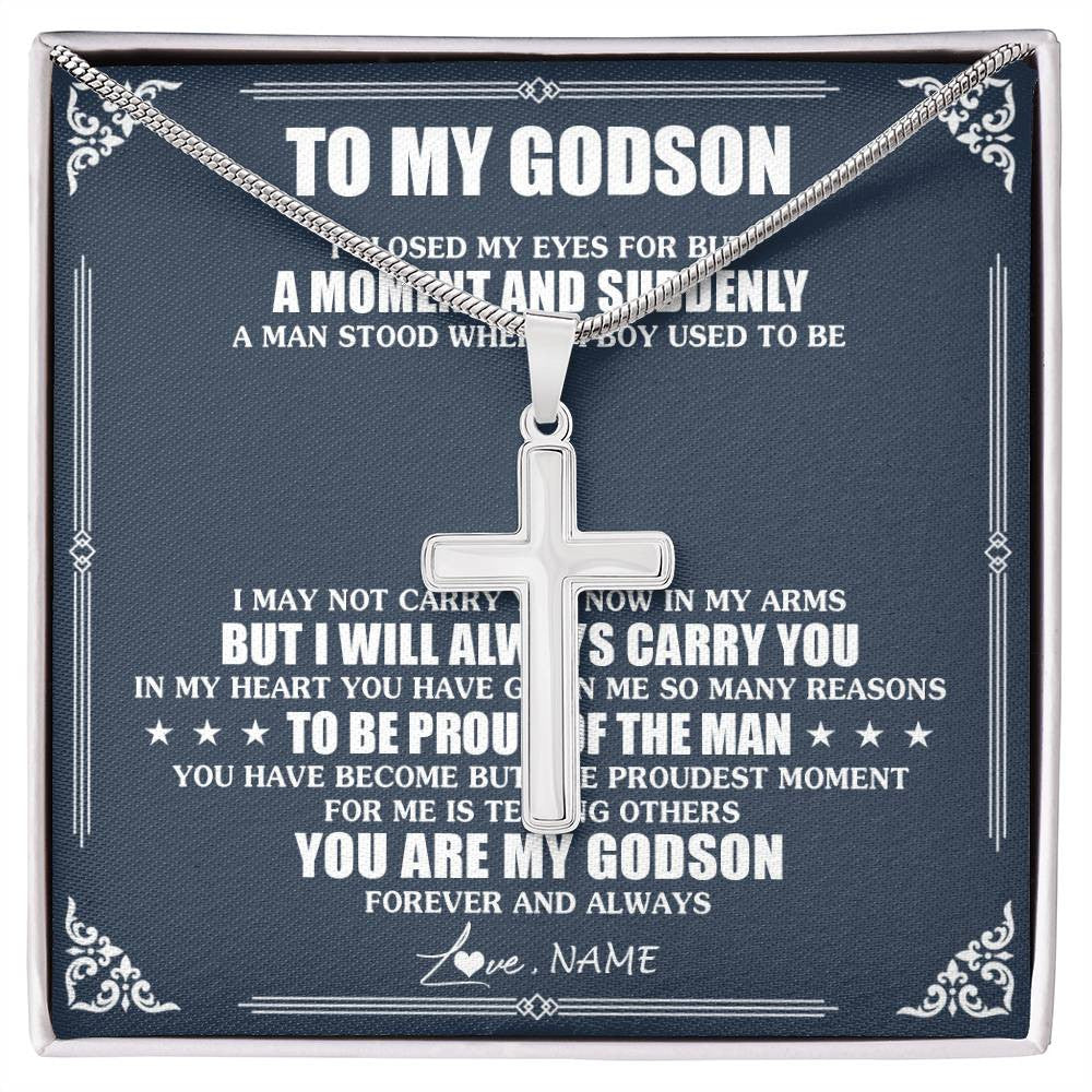 Stainless Cross Necklace Stainless Steel | 1 | Personalized To My Godson Necklace From Godmother Uncle Aunt I Close My Eyes Gifts For Godson Birthday Graduation Christmas Customized Gift Box Message Card | siriusteestore