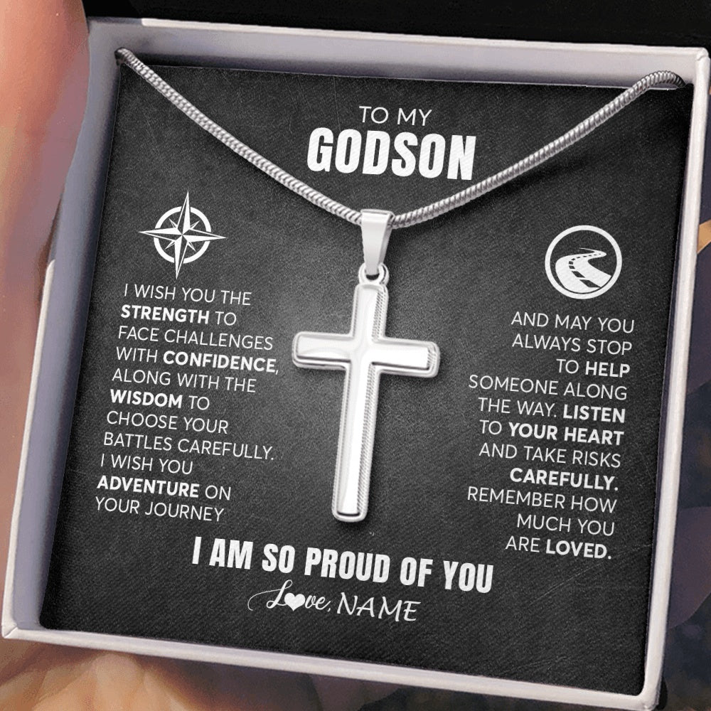Stainless Cross Necklace Stainless Steel | 2 | Personalized To My Godson Necklace From Godmother Uncle Aunt I Wish You The Strength Godchild Birthday Graduation Inspirational Customized Gift Box Message Card | siriusteestore.myshopify