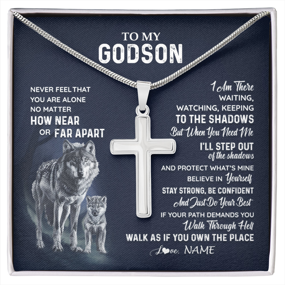 Stainless Cross Necklace Stainless Steel | 1 | Personalized To My Godson Necklace From Godmother Uncle Aunt Never Feel You Are Alone Wolf Godson Birthday Christmas Customized Gift Box Message Card | siriusteestore