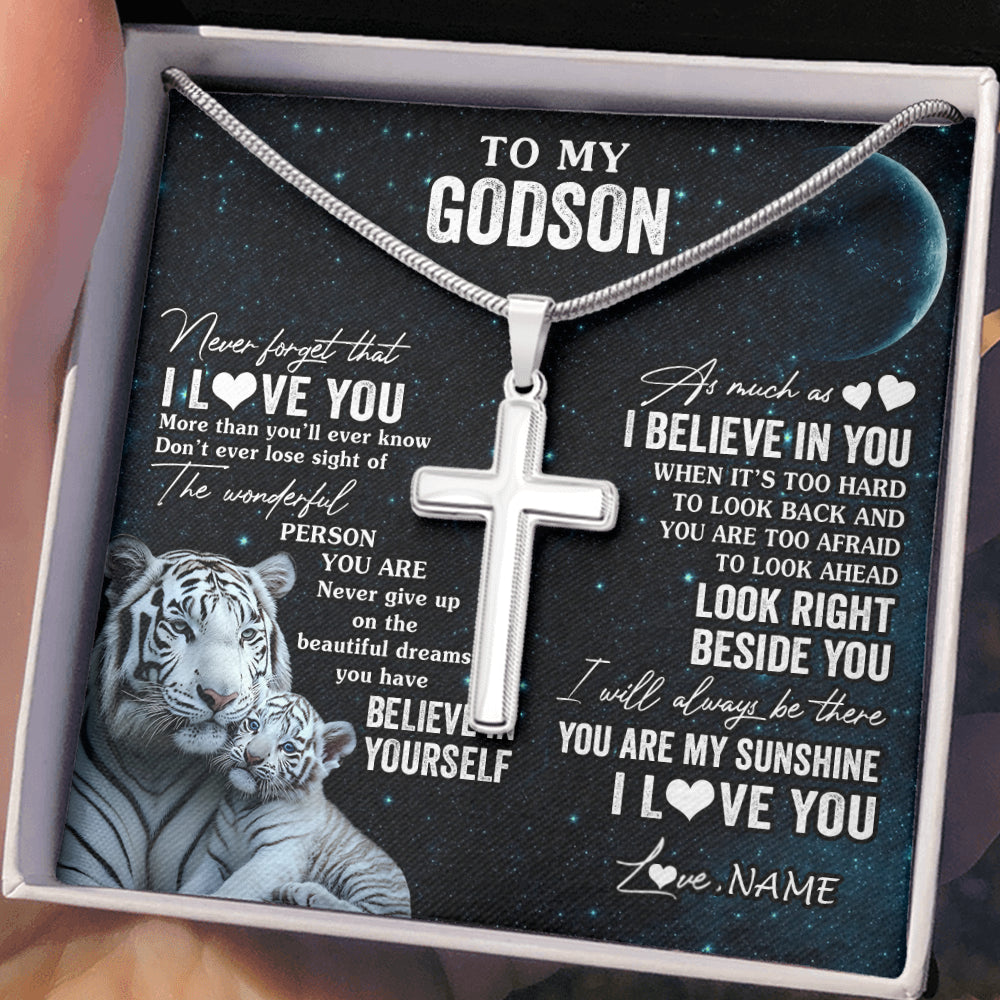 Stainless Cross Necklace Stainless Steel | 2 | Personalized To My Godson Necklace From Godmother Uncle Aunt Never Forget I Love You White Tiger Godson Birthday Christmas Customized Gift Box Message Card | siriusteestore