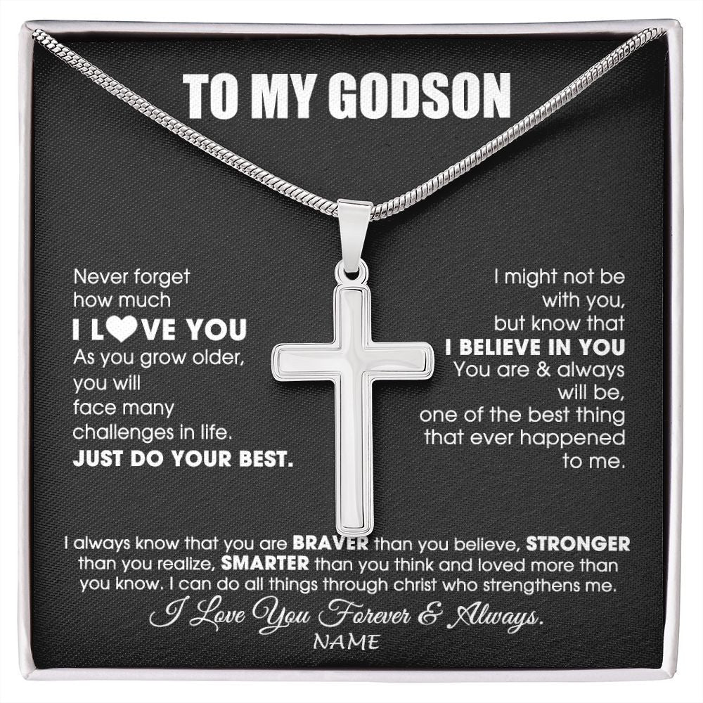 Stainless Cross Necklace | Personalized To My Godson Necklace From Godmother Uncle Aunt Smarter Than You Think Godchild Birthday Christmas Customized Gift Box Message Card | siriusteestore