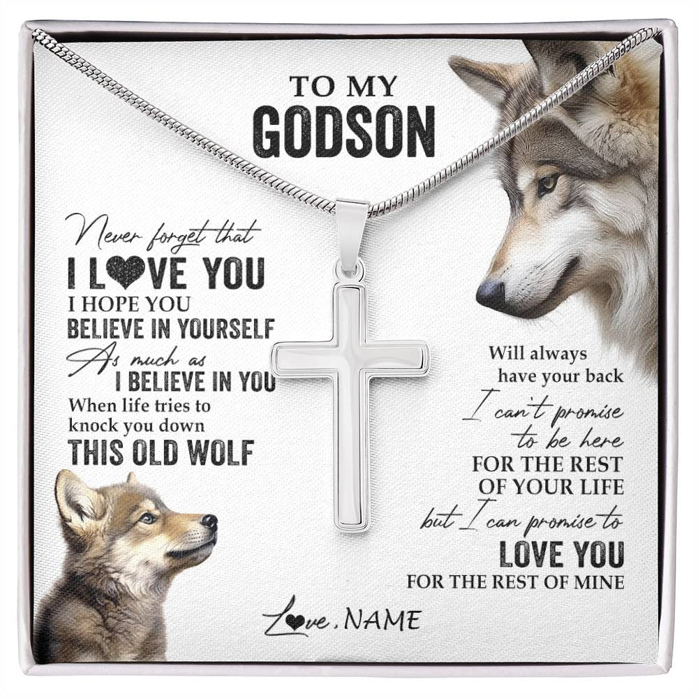 Stainless Cross Necklace Stainless Steel | 1 | Personalized To My Godson Necklace From Godmother Uncle Aunt This Old Wolf Love You Godchild Birthday Graduation Christmas Customized Gift Box Message Card | siriusteestore