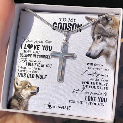 Stainless Cross Necklace Stainless Steel | 2 | Personalized To My Godson Necklace From Godmother Uncle Aunt This Old Wolf Love You Godchild Birthday Graduation Christmas Customized Gift Box Message Card | siriusteestore