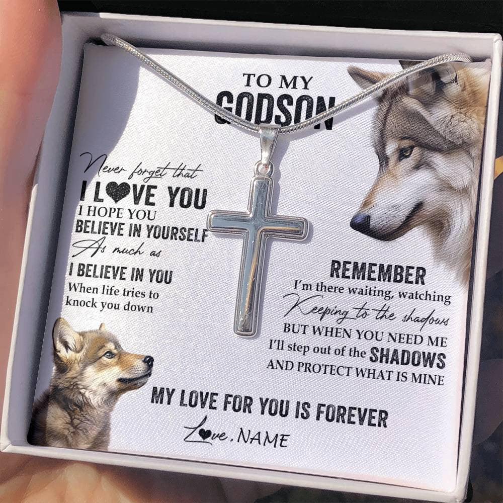 Stainless Cross Necklace Stainless Steel | 2 | Personalized To My Godson Necklace From Godmother Uncle Aunt Wolf My Love For You Is Forever Godson Birthday Christmas Customized Gift Box Message Card | siriusteestore