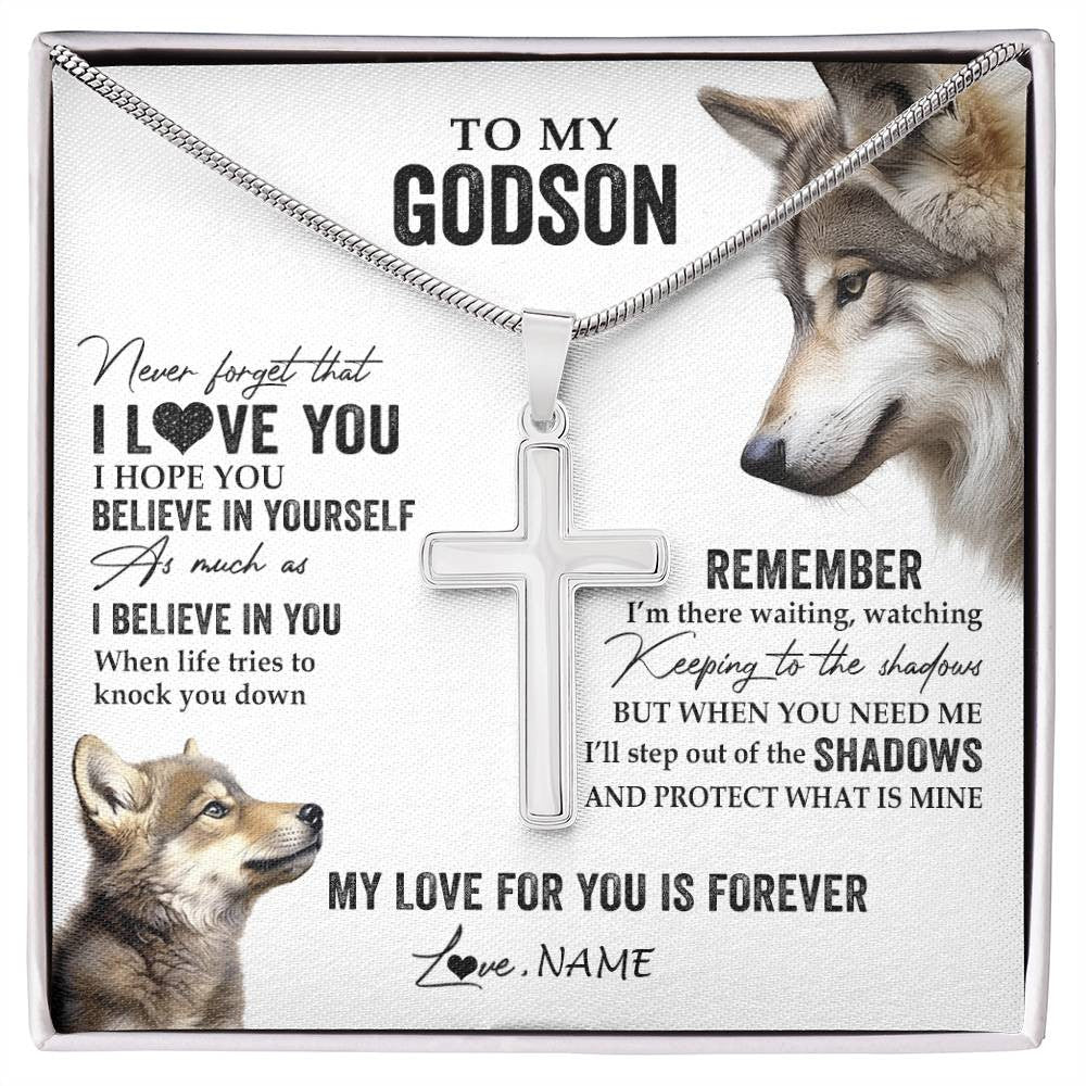 Stainless Cross Necklace Stainless Steel | 1 | Personalized To My Godson Necklace From Godmother Uncle Aunt Wolf My Love For You Is Forever Godson Birthday Christmas Customized Gift Box Message Card | siriusteestore
