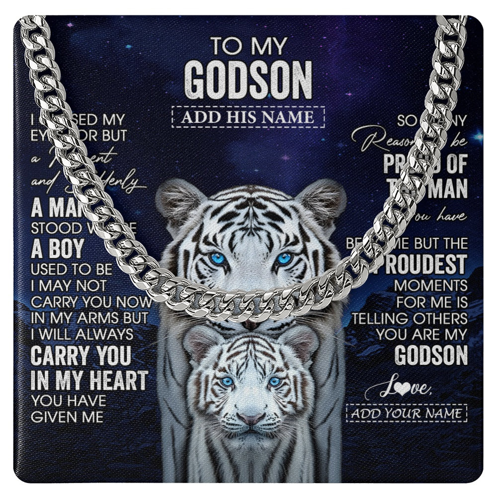 Cuban Link Chain Necklace Stainless Steel | 1 | Personalized To My Godson Necklace From Godmother Uncle I Close My Eyes White Tiger Birthday Gift For Godson Graduation Christmas Custom Gift Box Message Card | https://siriusteestore.
