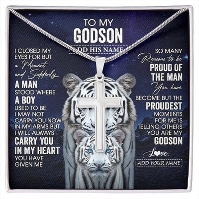 Stainless Cross Necklace Stainless Steel | 1 | Personalized To My Godson Necklace From Godmother Uncle I Close My Eyes White Tiger Birthday Gift For Godson Graduation Christmas Custom Gift Box Message Card | https://siriusteestore.