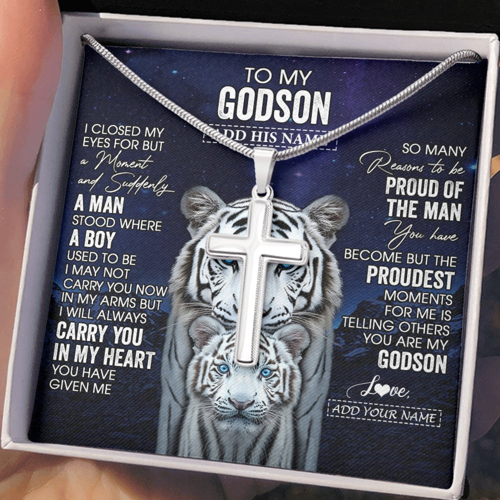 Stainless Cross Necklace Stainless Steel | 2 | Personalized To My Godson Necklace From Godmother Uncle I Close My Eyes White Tiger Birthday Gift For Godson Graduation Christmas Custom Gift Box Message Card | https://siriusteestore.