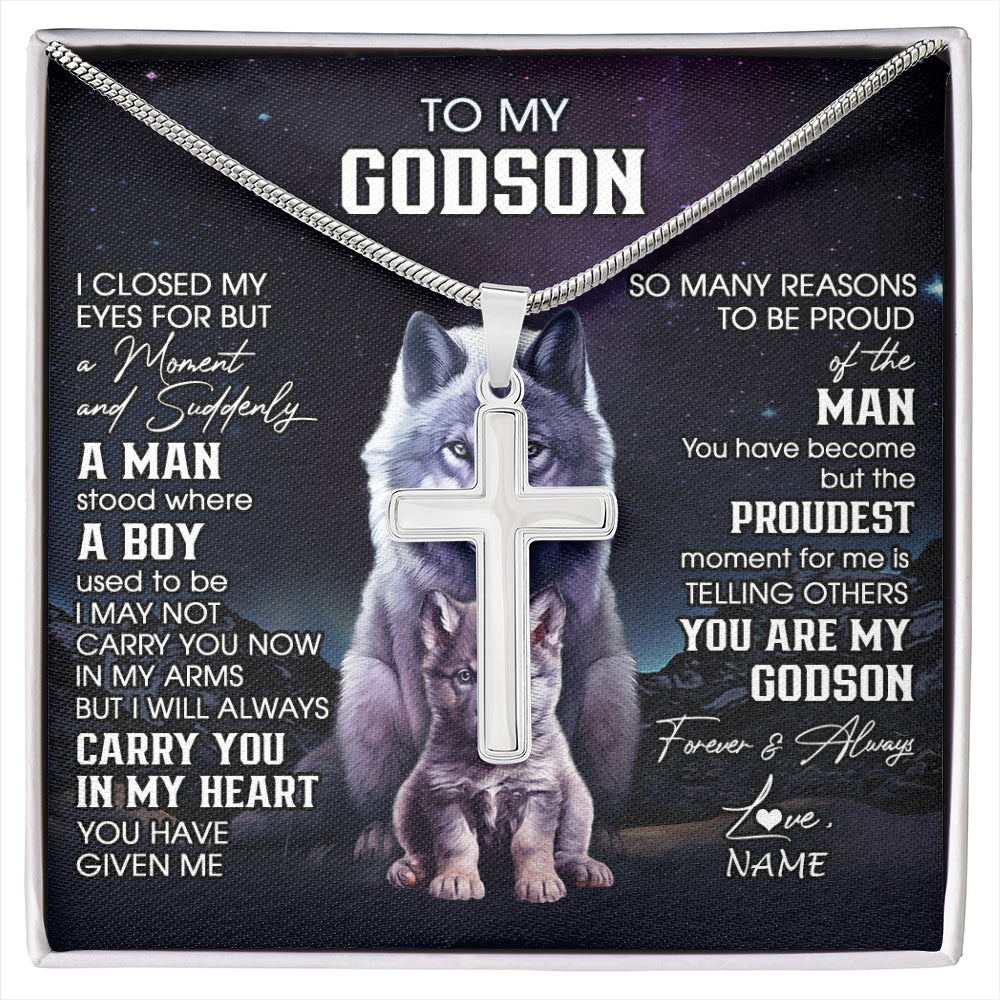 Stainless Cross Necklace Stainless Steel | 1 | Personalized To My Godson Necklace From Godmother Uncle I Close My Eyes Wolf Godson Birthday Gifts Graduation Christmas Customized Gift Box Message Card | siriusteestore
