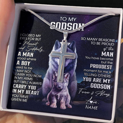 Stainless Cross Necklace Stainless Steel | 2 | Personalized To My Godson Necklace From Godmother Uncle I Close My Eyes Wolf Godson Birthday Gifts Graduation Christmas Customized Gift Box Message Card | siriusteestore