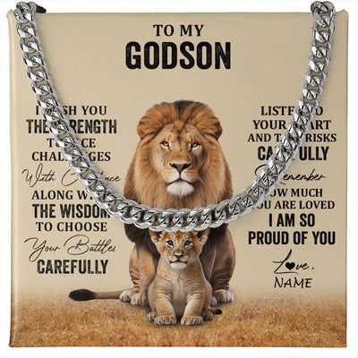Cuban Link Chain Necklace Stainless Steel | 1 | Personalized To My Godson Necklace From Godmother Uncle I Wish You The Strength Lion Godson Birthday Graduation Christmas Customized Gift Box Message Card | siriusteestore