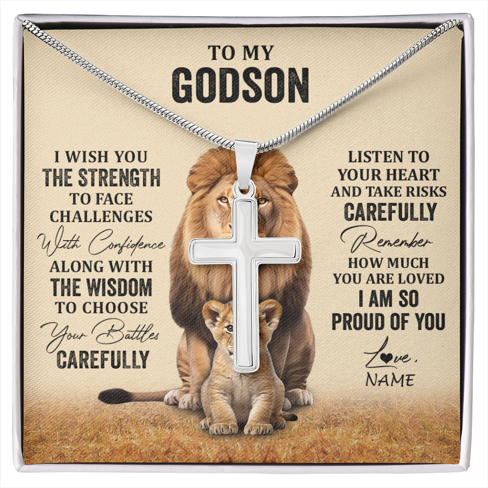 Stainless Cross Necklace Stainless Steel | 1 | Personalized To My Godson Necklace From Godmother Uncle I Wish You The Strength Lion Godson Birthday Graduation Christmas Customized Gift Box Message Card | siriusteestore