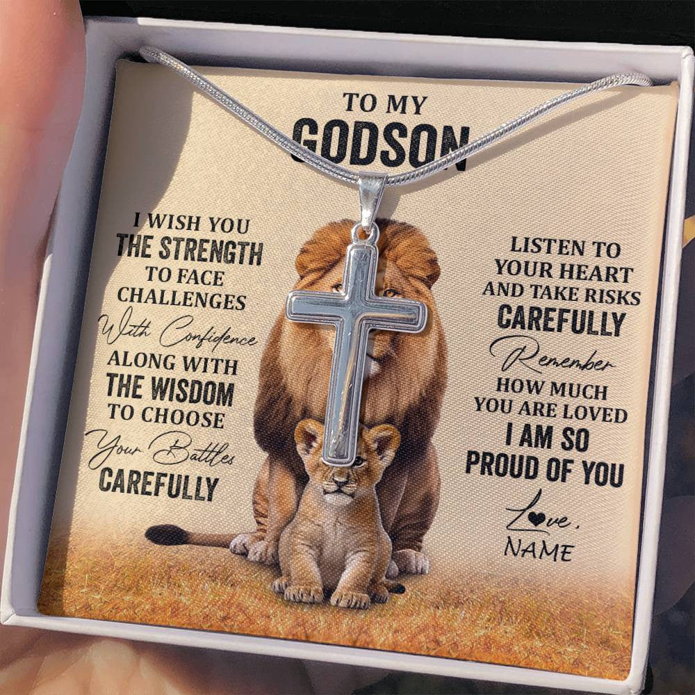 Stainless Cross Necklace Stainless Steel | 2 | Personalized To My Godson Necklace From Godmother Uncle I Wish You The Strength Lion Godson Birthday Graduation Christmas Customized Gift Box Message Card | siriusteestore