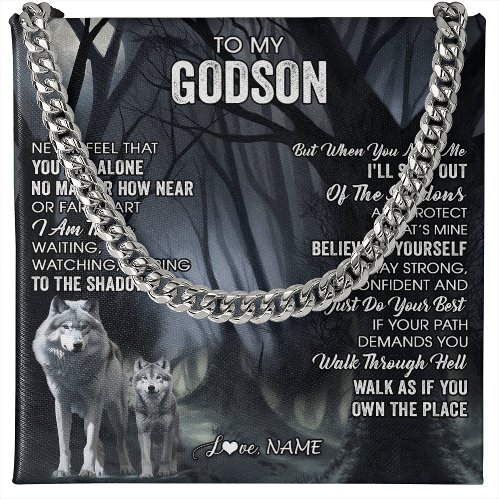 Cuban Link Chain Necklace Stainless Steel | 1 | Personalized To My Godson Necklace From Godmother Uncle Never Feel That You Are Alone Wolf Godson Birthday Gifts Christmas Customized Gift Box Message Card | siriusteestore