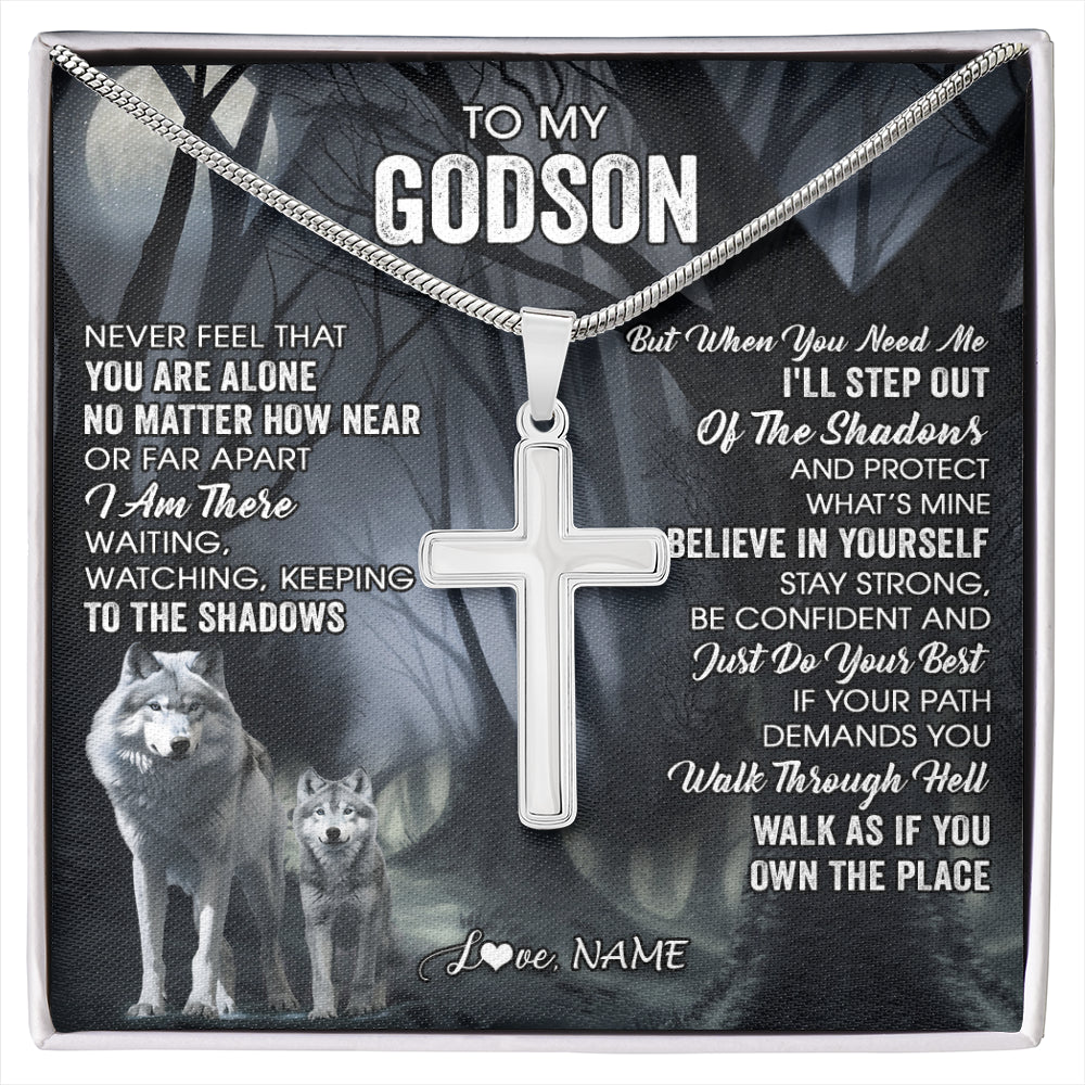 Stainless Cross Necklace Stainless Steel | 1 | Personalized To My Godson Necklace From Godmother Uncle Never Feel That You Are Alone Wolf Godson Birthday Gifts Christmas Customized Gift Box Message Card | siriusteestore