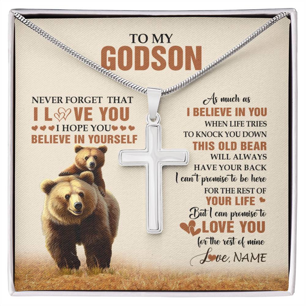Stainless Cross Necklace Stainless Steel | 1 | Personalized To My Godson Necklace From Godmother Uncle This Old Bear Love You Godson Birthday Gifts Graduation Christmas Customized Gift Box Message Card | siriusteestore