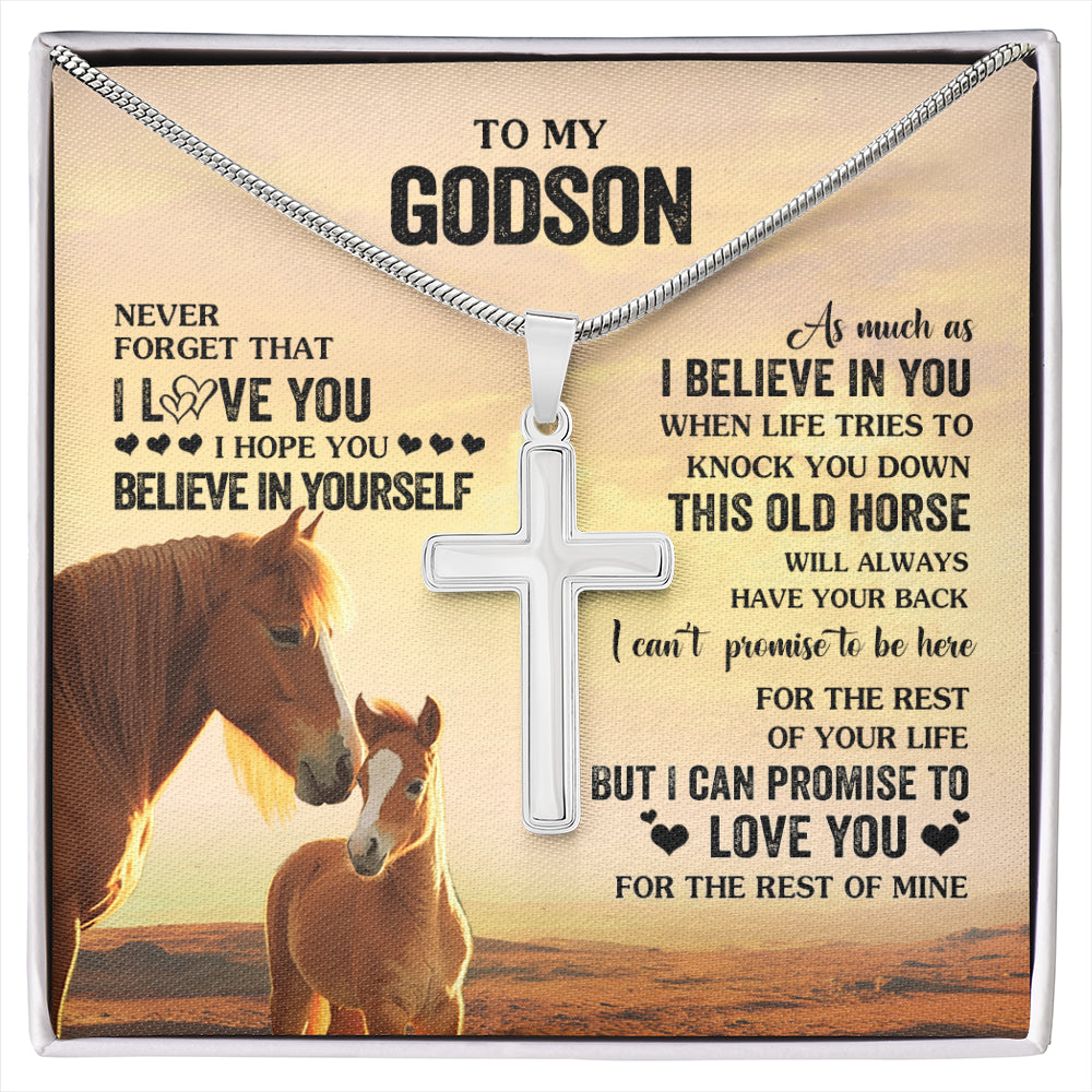 Stainless Cross Necklace Stainless Steel | 1 | Personalized To My Godson Necklace From Godmother Uncle This Old Horse Love You Godson Birthday Gifts Graduation Christmas Customized Gift Box Message Card | siriusteestore