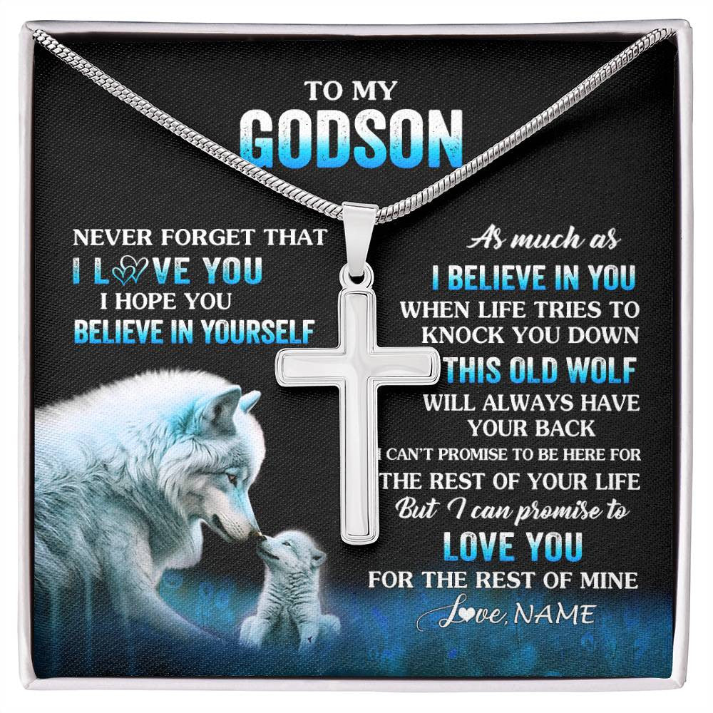 Stainless Cross Necklace Stainless Steel | 1 | Personalized To My Godson Necklace From Godmother Uncle This Old Wolf Love Godson Birthday Gifts Graduation Christmas Customized Gift Box Message Card | siriusteestore