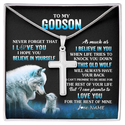 Stainless Cross Necklace Stainless Steel | 1 | Personalized To My Godson Necklace From Godmother Uncle This Old Wolf Love Godson Birthday Gifts Graduation Christmas Customized Gift Box Message Card | siriusteestore