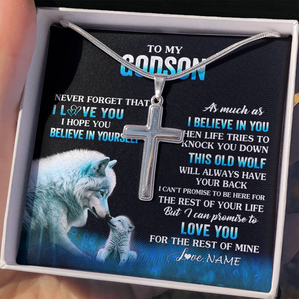 Stainless Cross Necklace Stainless Steel | 2 | Personalized To My Godson Necklace From Godmother Uncle This Old Wolf Love Godson Birthday Gifts Graduation Christmas Customized Gift Box Message Card | siriusteestore
