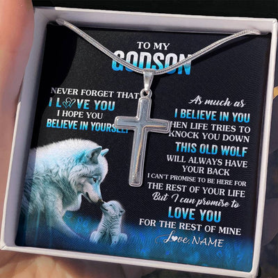 Stainless Cross Necklace Stainless Steel | 2 | Personalized To My Godson Necklace From Godmother Uncle This Old Wolf Love Godson Birthday Gifts Graduation Christmas Customized Gift Box Message Card | siriusteestore
