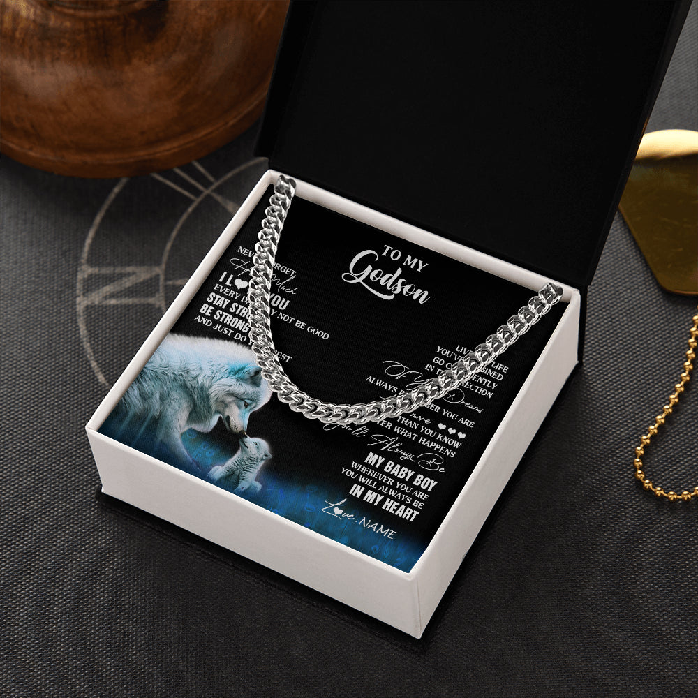 Cuban Link Chain Necklace Stainless Steel | 2 | Personalized To My Godson Necklace From Godmother Uncle Wolf Never Forget How Much I Love You Godson Birthday Gifts Christmas Customized Gift Box Message Card | siriusteestore
