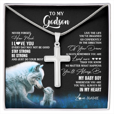 Stainless Cross Necklace Stainless Steel | 1 | Personalized To My Godson Necklace From Godmother Uncle Wolf Never Forget How Much I Love You Godson Birthday Gifts Christmas Customized Gift Box Message Card | siriusteestore