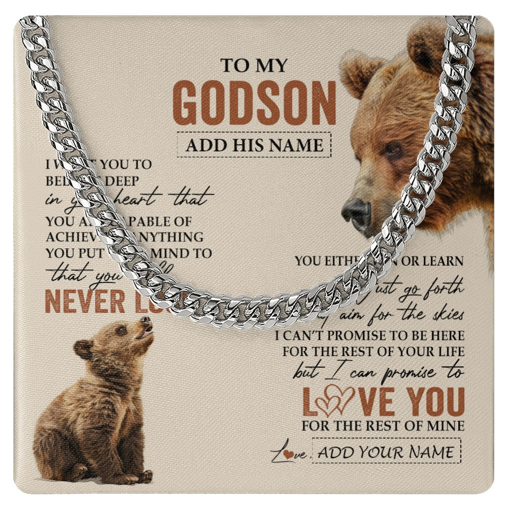 Cuban Link Chain Necklace Stainless Steel | 1 | Personalized To My Godson Necklace From Godmother Uncle You Will Never Lose Bear Godson Birthday Gifts Graduation Christmas Customized Gift Box Message Card | siriusteestore.myshopify
