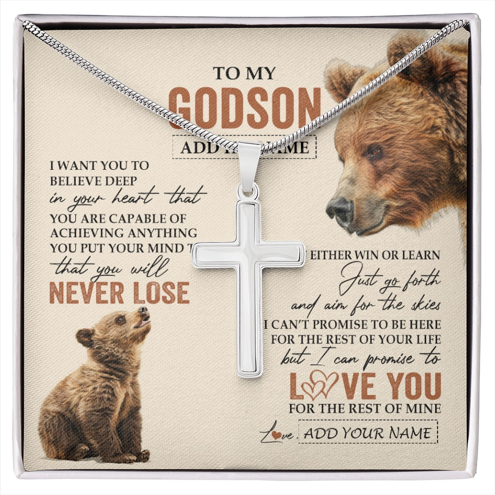 Stainless Cross Necklace Stainless Steel | 1 | Personalized To My Godson Necklace From Godmother Uncle You Will Never Lose Bear Godson Birthday Gifts Graduation Christmas Customized Gift Box Message Card | siriusteestore.myshopify