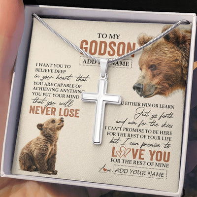 Stainless Cross Necklace Stainless Steel | 2 | Personalized To My Godson Necklace From Godmother Uncle You Will Never Lose Bear Godson Birthday Gifts Graduation Christmas Customized Gift Box Message Card | siriusteestore.myshopify