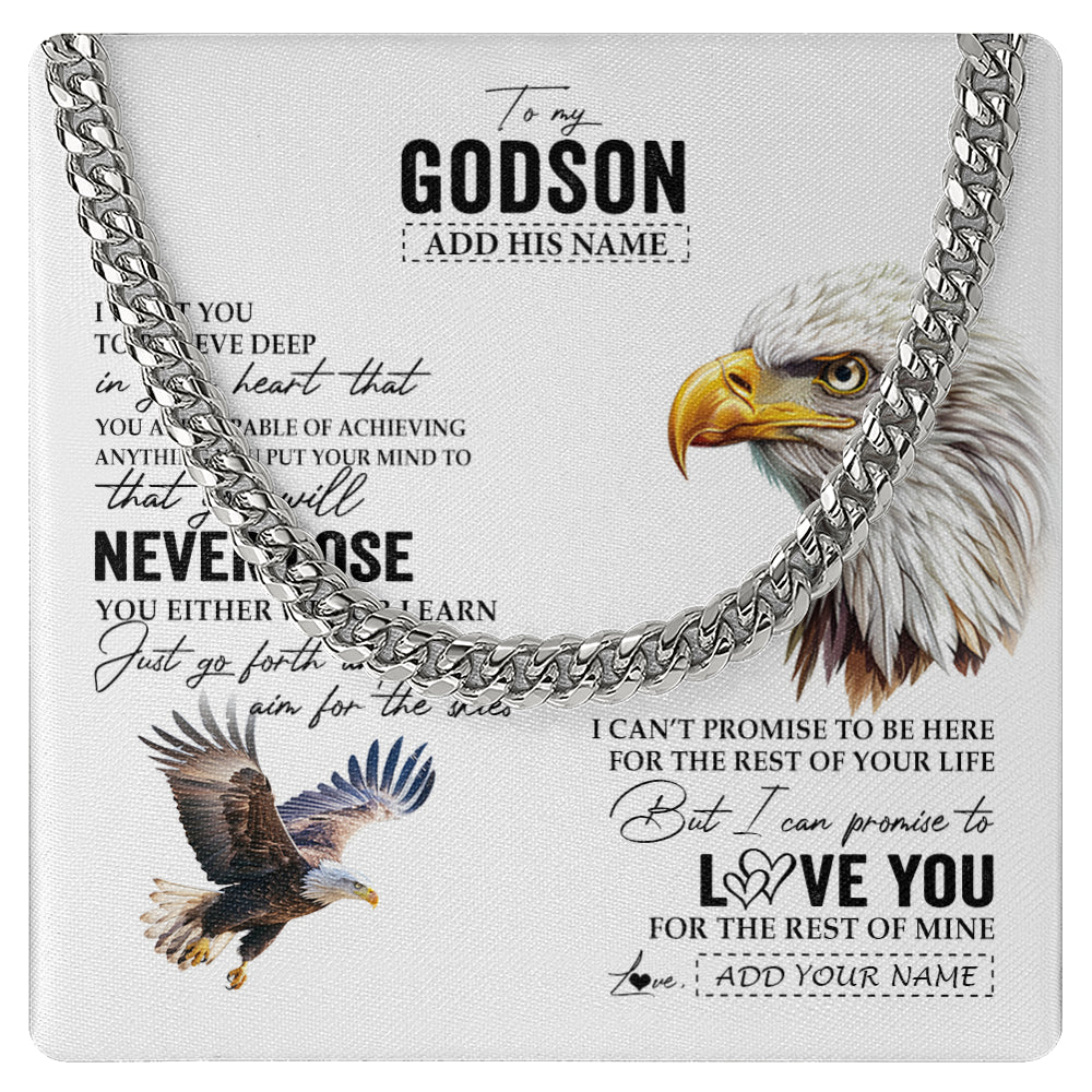 Cuban Link Chain Necklace Stainless Steel | 1 | Personalized To My Godson Necklace From Godmother Uncle You Will Never Lose Eagle Godson Birthday Gifts Graduation Christmas Customized Gift Box Message Card | siriusteestore