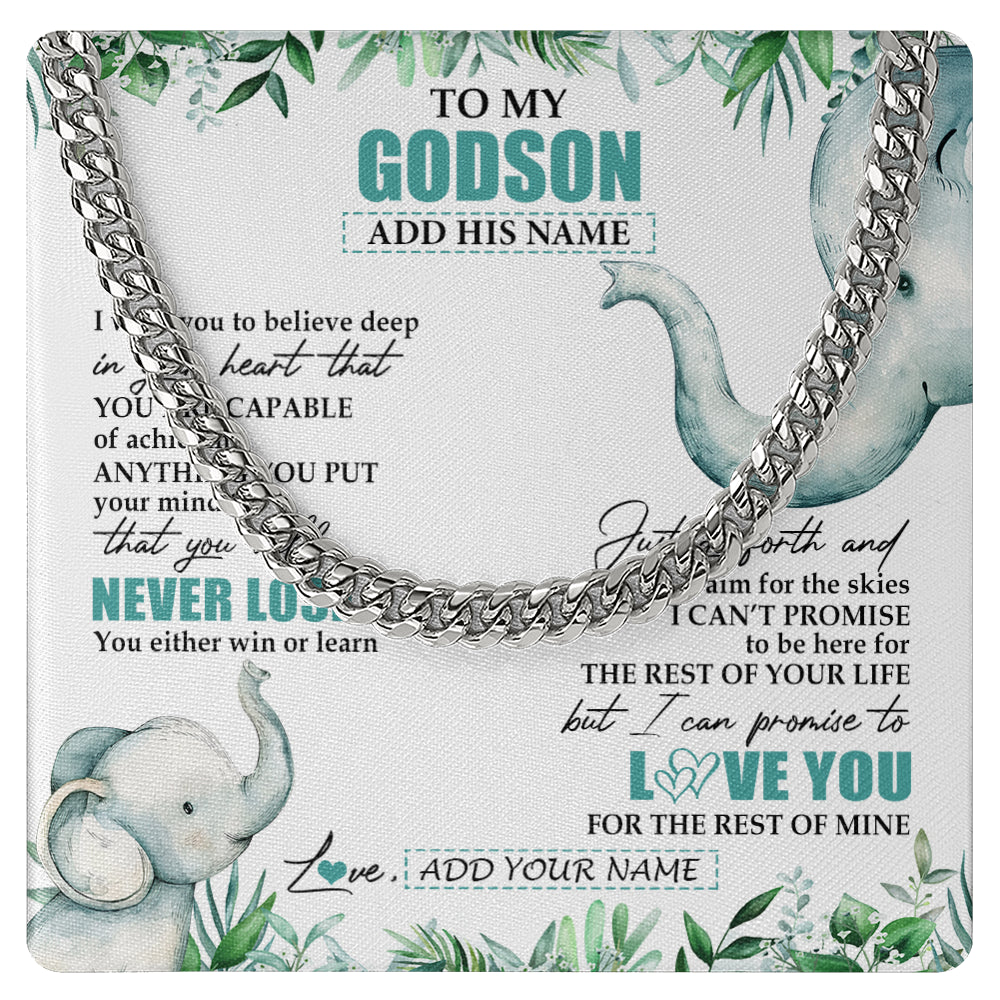 Cuban Link Chain Necklace Stainless Steel | 1 | Personalized To My Godson Necklace From Godmother Uncle You Will Never Lose Elephant Godson Birthday Gifts Graduation Christmas Custom Gift Box Message Card | siriusteestore