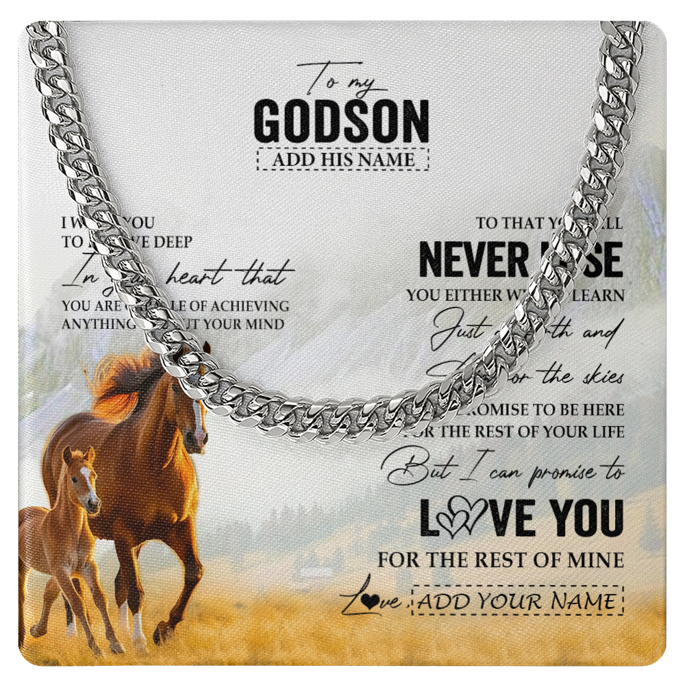 Cuban Link Chain Necklace Stainless Steel | 1 | Personalized To My Godson Necklace From Godmother Uncle You Will Never Lose Horse Godson Birthday Gifts Graduation Christmas Customized Gift Box Message Card | siriusteestore