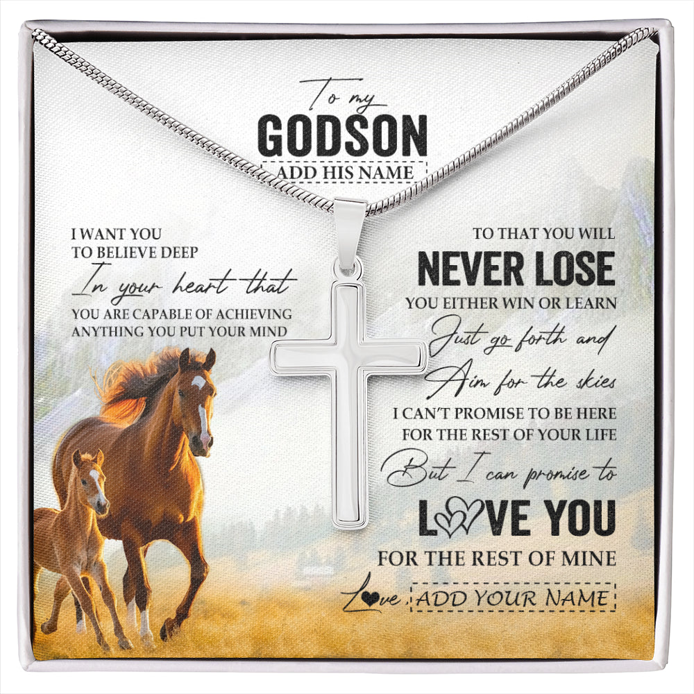 Stainless Cross Necklace Stainless Steel | 1 | Personalized To My Godson Necklace From Godmother Uncle You Will Never Lose Horse Godson Birthday Gifts Graduation Christmas Customized Gift Box Message Card | siriusteestore