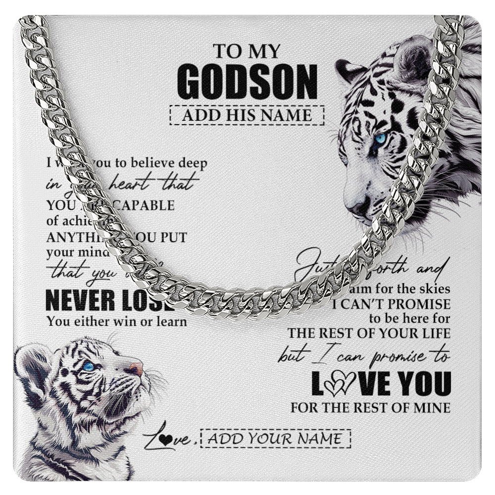 Cuban Link Chain Necklace Stainless Steel | 1 | Personalized To My Godson Necklace From Godmother Uncle You Will Never Lose White Tiger Godson Birthday Gifts Christmas Customized Gift Box Message Card | siriusteestore