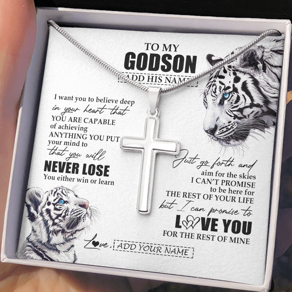 Stainless Cross Necklace Stainless Steel | 2 | Personalized To My Godson Necklace From Godmother Uncle You Will Never Lose White Tiger Godson Birthday Gifts Christmas Customized Gift Box Message Card | siriusteestore