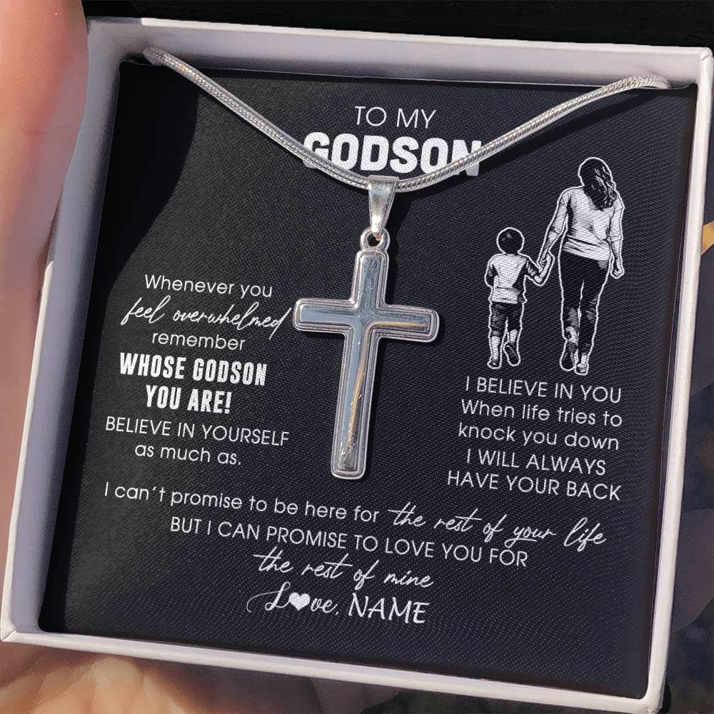 Stainless Cross Necklace Stainless Steel | 2 | Personalized To My Godson Necklace From Godmother Whenever You Feel Overwhelmed Godson Jewelry Birthday Graduation Christmas Customized Gift Box Message Card | siriusteestore