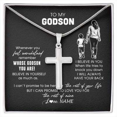 Stainless Cross Necklace Stainless Steel | 1 | Personalized To My Godson Necklace From Godmother Whenever You Feel Overwhelmed Godson Jewelry Birthday Graduation Christmas Customized Gift Box Message Card | siriusteestore