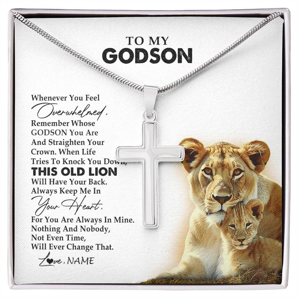 Stainless Cross Necklace Stainless Steel | 1 | Personalized To My Godson Necklace From Godmother Whenever You Fell Overwhelmed Lion Godson Birthday Graduation Christmas Customized Gift Box Message Card | siriusteestore