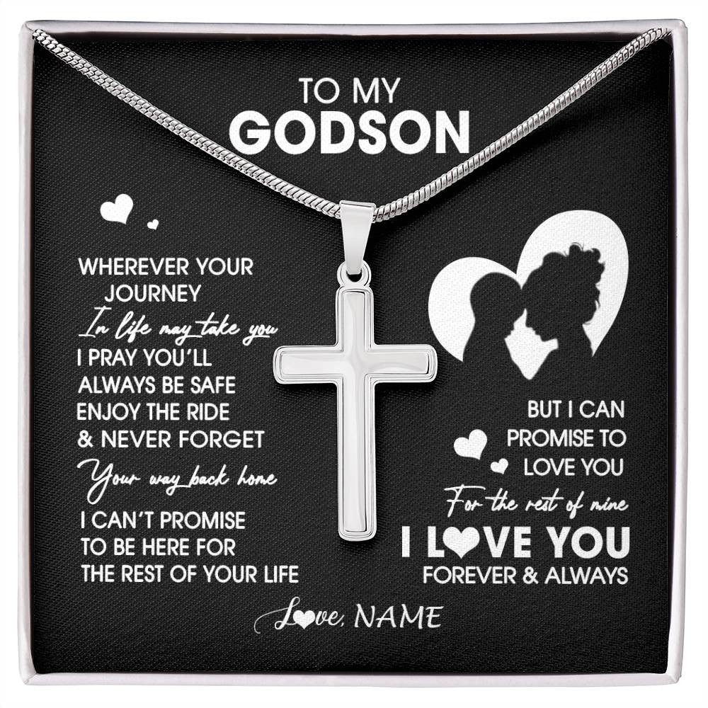 Stainless Cross Necklace Stainless Steel | 1 | Personalized To My Godson Necklace From Godmother Wherever Your Journey Godson Birthday Gifts Jewelry Graduation Christmas Customized Gift Box Message Card | siriusteestore