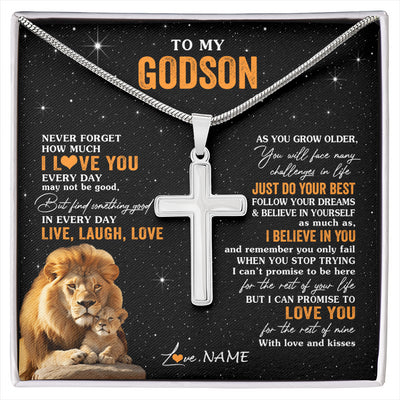Stainless Cross Necklace Stainless Steel | 1 | Personalized To My Godson Necklace From Uncle Live Laugh Love Lion Godson Birthday Gifts Positive Graduation Christmas Customized Gift Box Message Card | siriusteestore