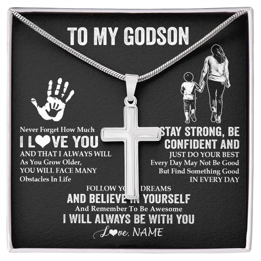 Stainless Cross Necklace Stainless Steel | 1 | Personalized To My Godson Necklace I Love You Forever From Godmother Godson Birthday Gifts Christmas Thanksgiving Graduation Customized Gift Box Message Card | siriusteestore