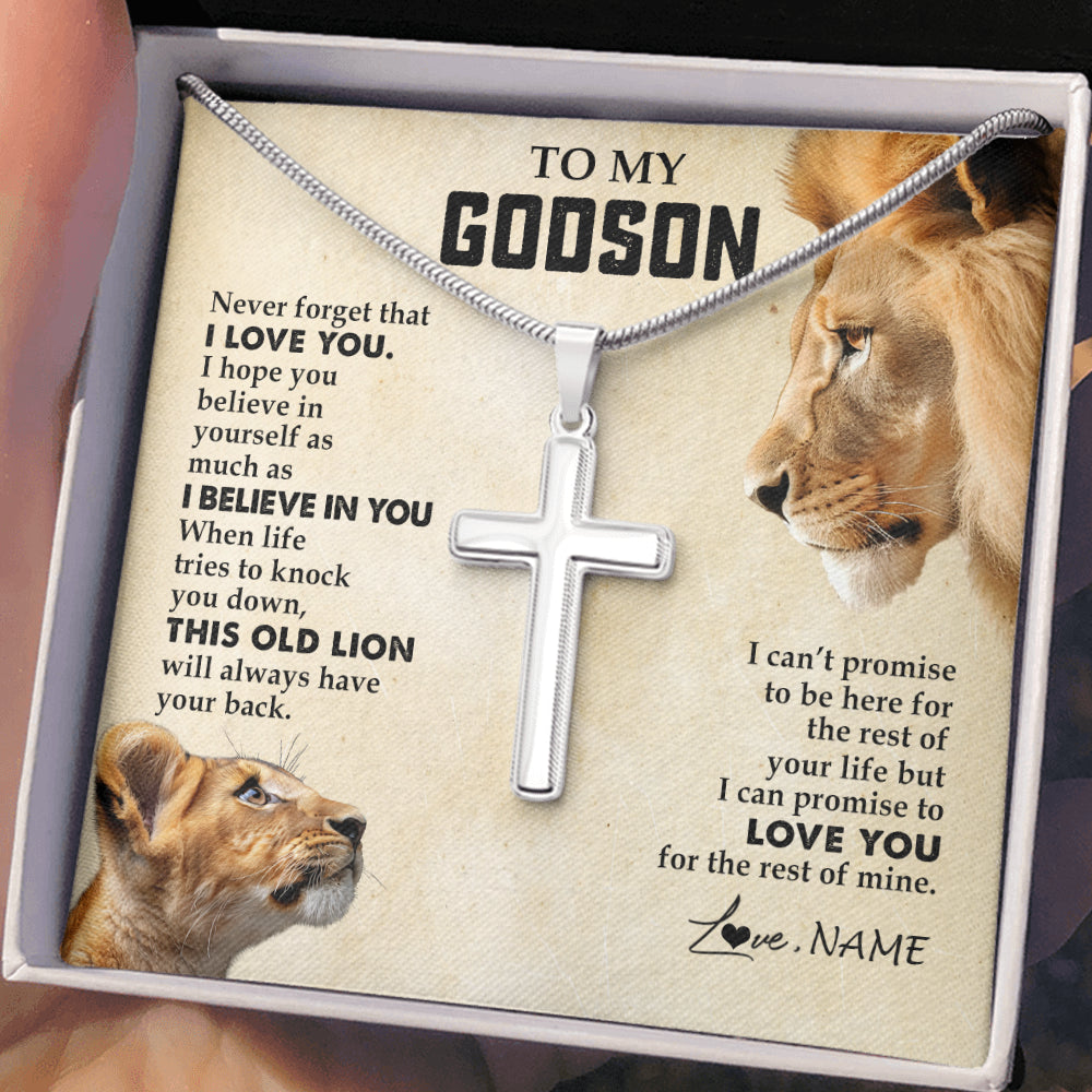 Stainless Cross Necklace Stainless Steel | 2 | Personalized To My Godson Necklace from Godfather Uncle Never Forget I Love You Lion Godson Birthday Graduation Christmas Customized Gift Box Message Card | siriusteestore