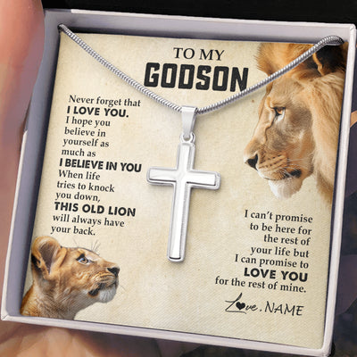 Stainless Cross Necklace Stainless Steel | 2 | Personalized To My Godson Necklace from Godfather Uncle Never Forget I Love You Lion Godson Birthday Graduation Christmas Customized Gift Box Message Card | siriusteestore