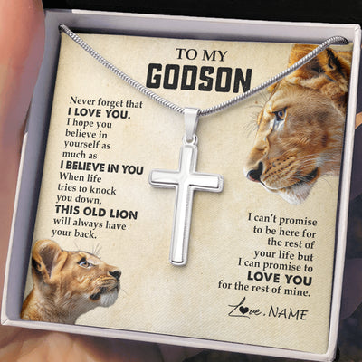 Stainless Cross Necklace Stainless Steel | 2 | Personalized To My Godson Necklace from Godmother Aunt Never Forget I Love You Lion Godson Birthday Graduation Christmas Customized Gift Box Message Card | siriusteestore