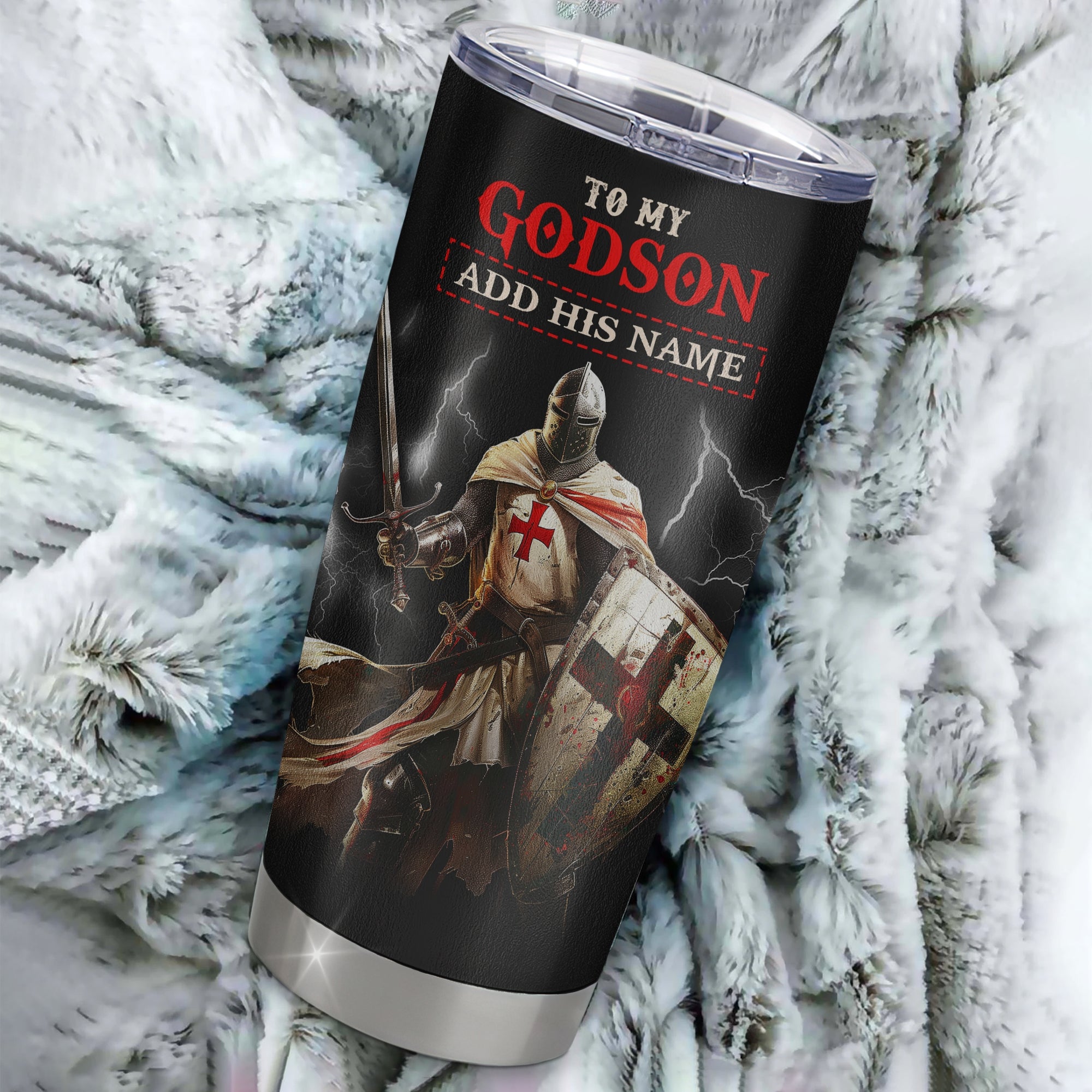Personalized To My Godson Tumbler From Godfather For Men Warrior Knight Templar I Am The Storm Birthday Gifts For Godson Christmas Custom Stainless Steel Mug | siriusteestore