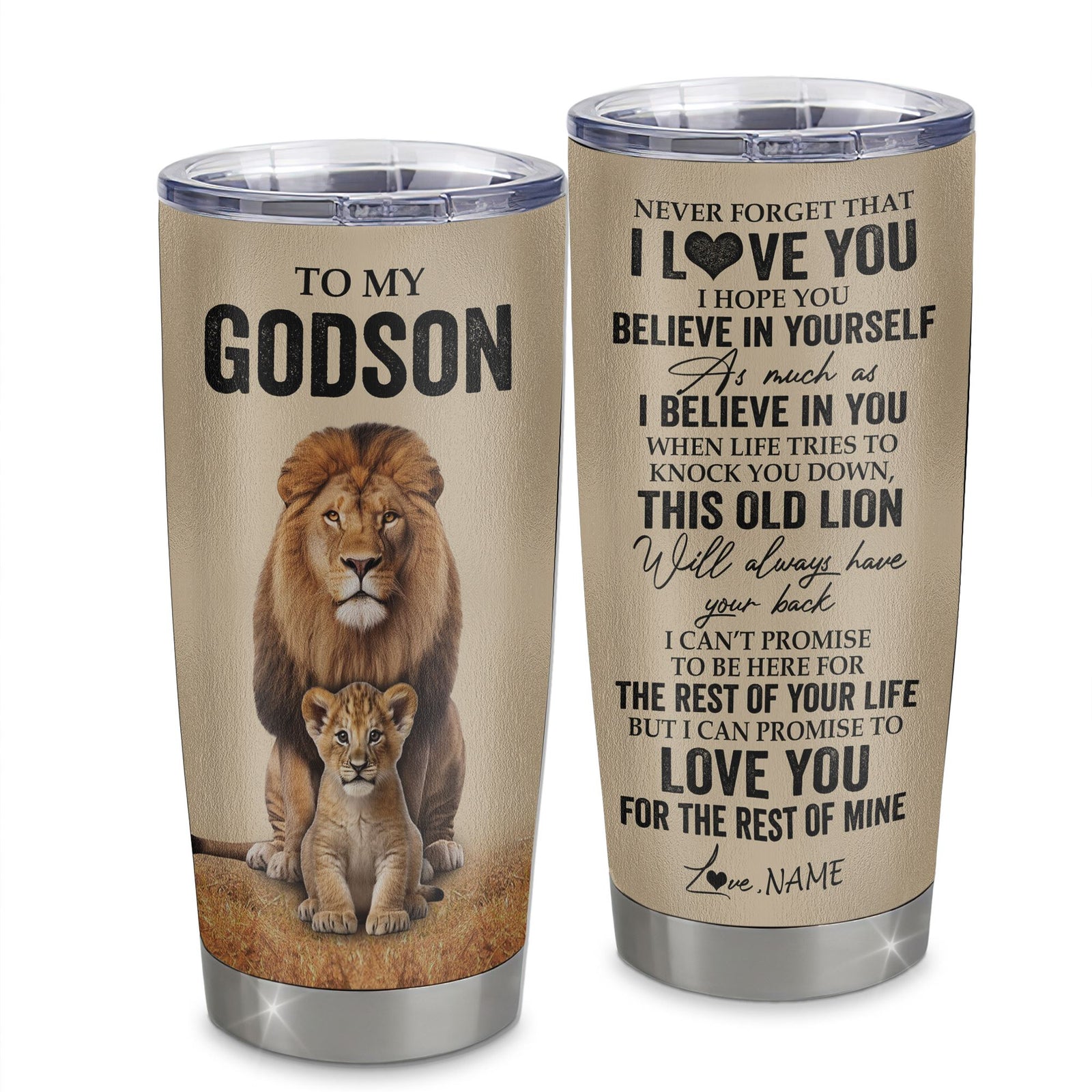 Personalized To My Godson Tumbler From Godfather Lion Stainless Steel Cup Never Forget That I Love You Godson Birthday Gifts Graduation Christmas Custom Travel Mug | siriusteestore