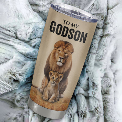 Personalized To My Godson Tumbler From Godfather Lion Stainless Steel Cup Never Forget That I Love You Godson Birthday Gifts Graduation Christmas Custom Travel Mug | siriusteestore