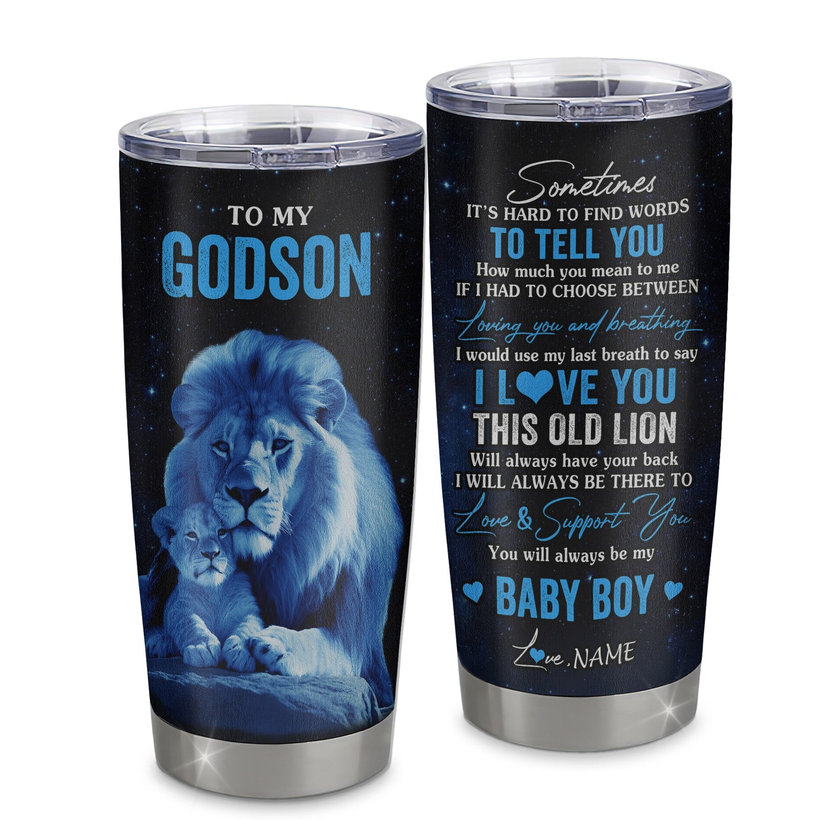 Personalized To My Godson Tumbler From Godfather Stainless Steel Cup I Love You This Old Lion Godson Birthday Graduation Christmas Travel Mug | siriusteestore